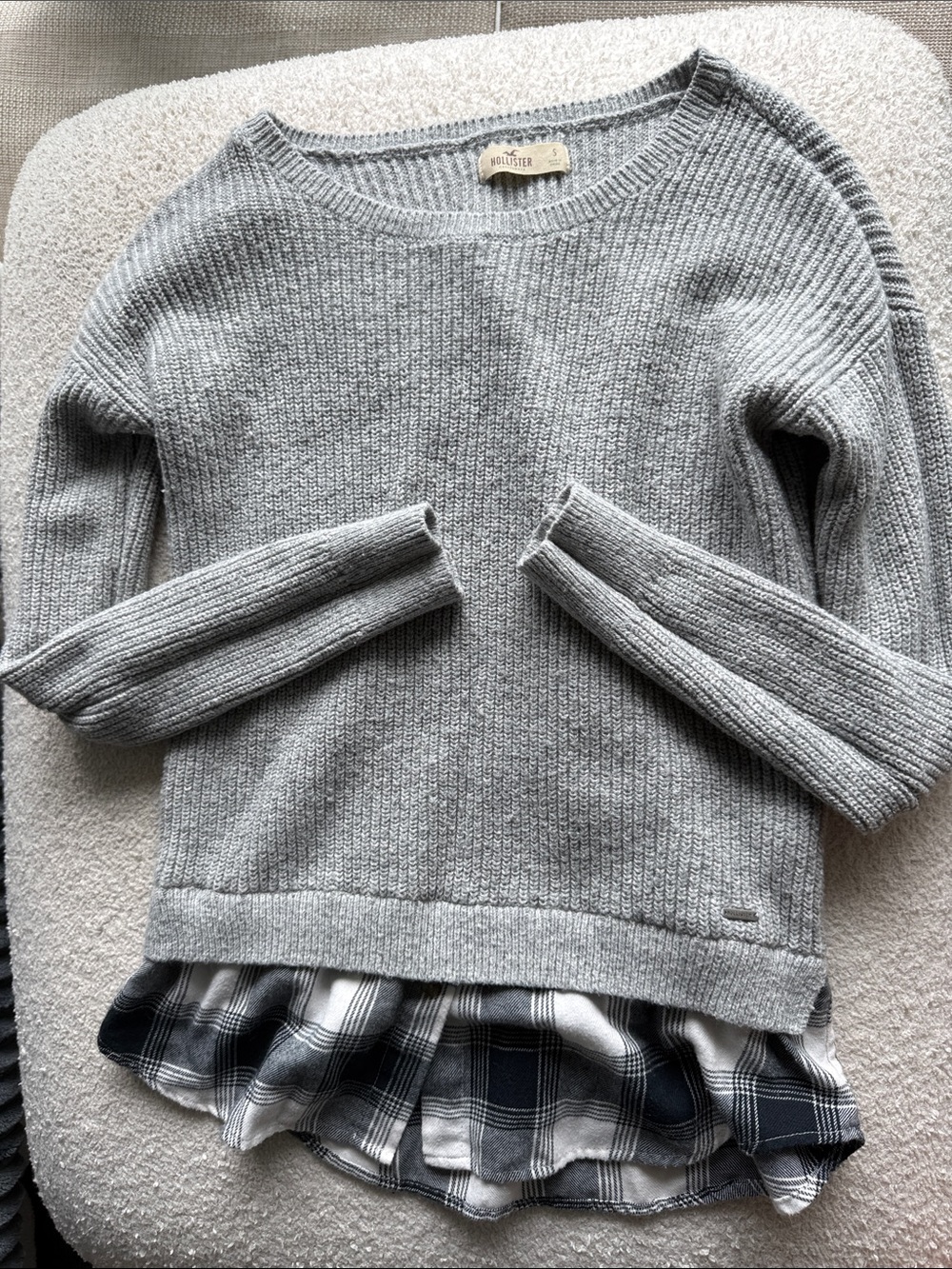 Hollister Light Gray Layered-Knit Sweater with Plaid Hem